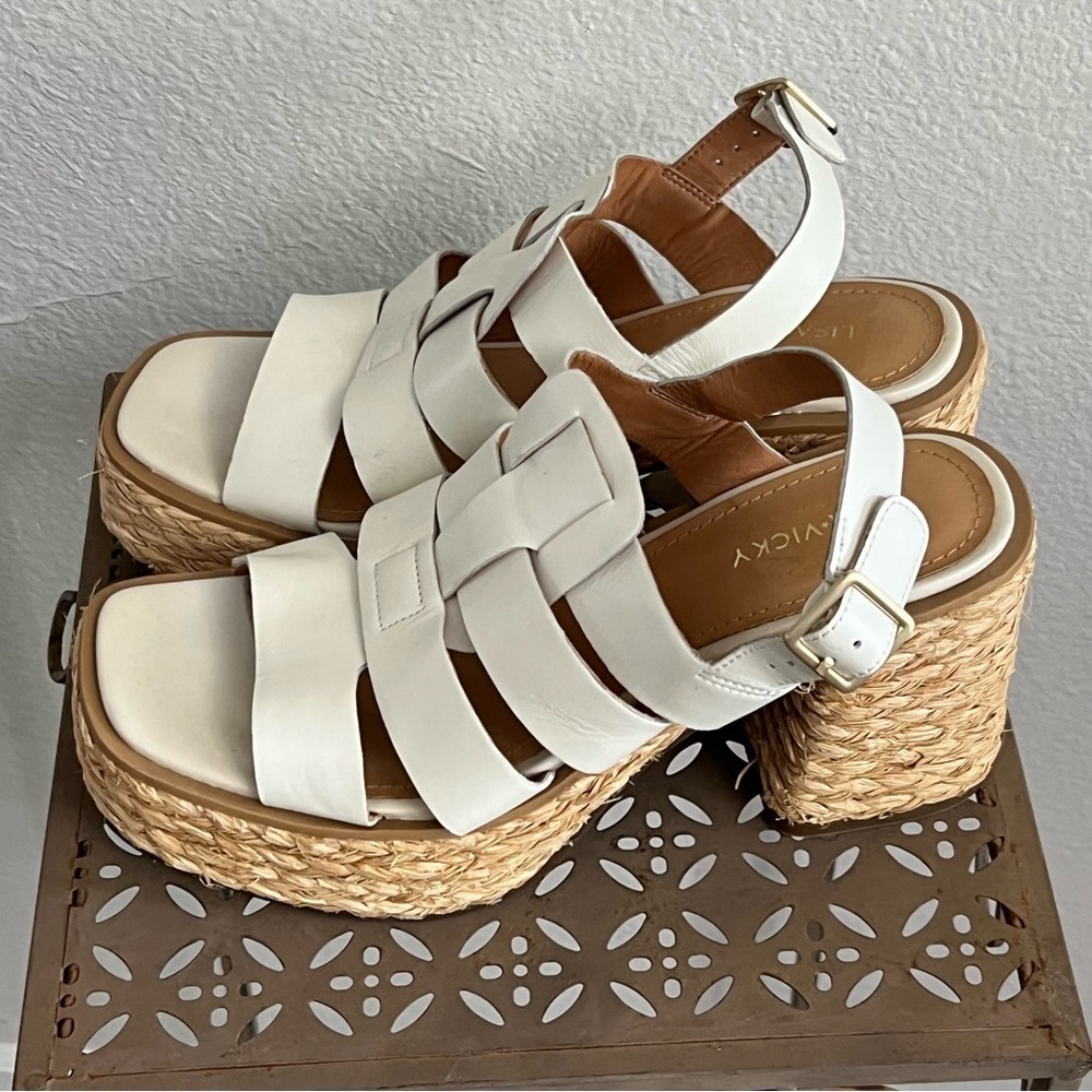 Lisa Vicky Platform Sandals Woven Strappy Block Heel White Espadrille NWOB - Picture 1 of 6